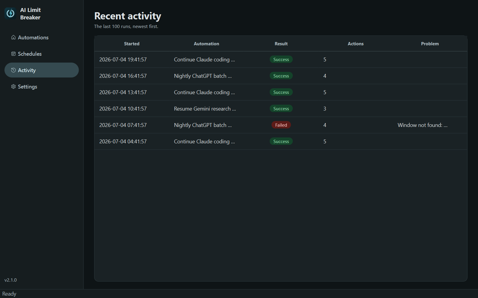 Recent activity log showing successful overnight AI automation runs