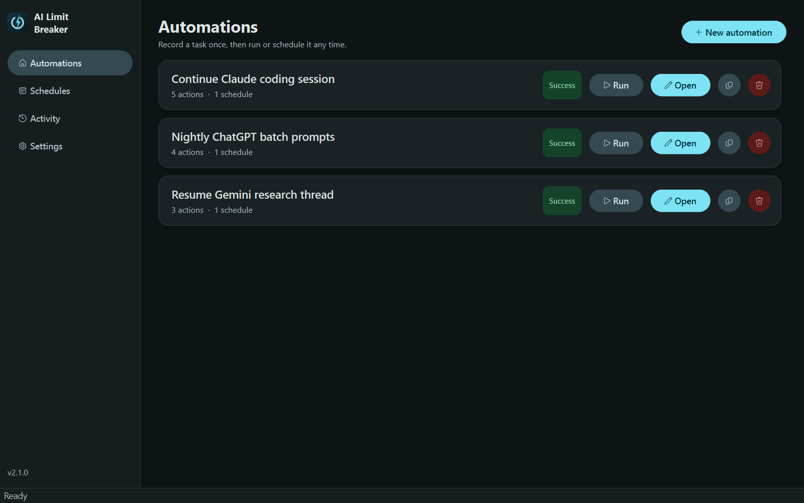 AI Limit Breaker dashboard with automations that continue Claude, ChatGPT, and Gemini sessions after usage limits reset